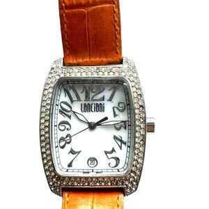 Lanciani tank watch with crystal bezel and leather band. GUC